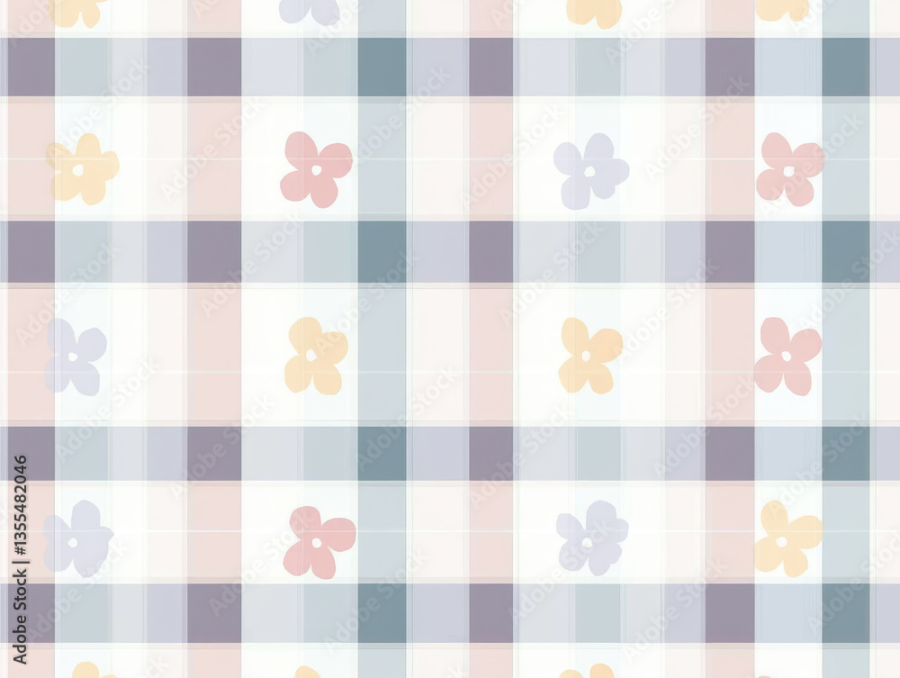 Poster pastel gingham pattern with soft, overlapping squares in muted colors features delicate floral motif