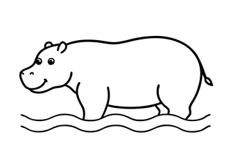 Obraz premium Hippopotamus Cartoon: A cheerful cartoon illustration of a hippopotamus, standing in water with a friendly expression, simple outline and inviting aesthetic.