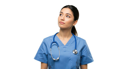 A Asian healthcare professional wearing blue scrubs and a stethoscope gazes thoughtfully to the side in a clear, isolated background that emphasizes the focus on health and care