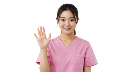 A Asian young healthcare worker dressed in a pink scrub top greets with a wave, radiating positivity and professionalism in a health-focused environment, emphasizing care and support