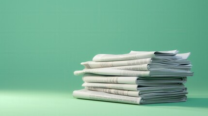 Stacked newspapers on green Still life with papers in studio setting