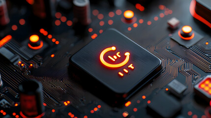 Fototapeta premium Red Glowing Circuit Board Button Power Technology