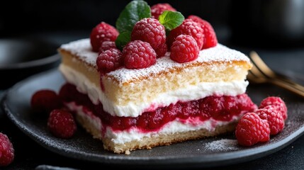 Layered cake with raspberries and cream