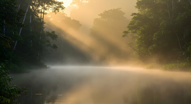 Foggy River Through Forest with Sun Rays at Early Morning