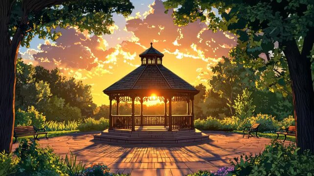 Serene sunset view of a gazebo surrounded by lush greenery and vibrant flowers in a park