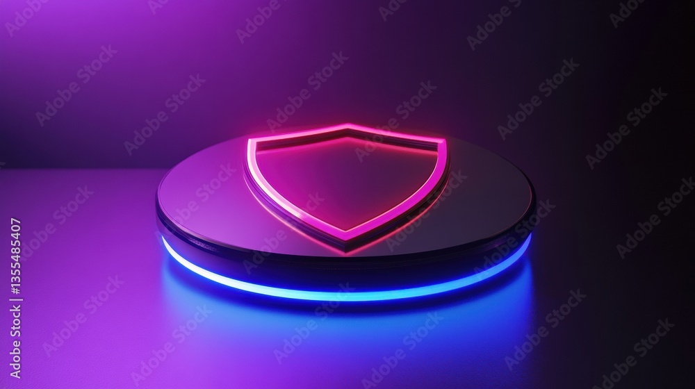 Poster conceptual security-themed design featuring a glowing shield symbol with neon lights for futuristic 