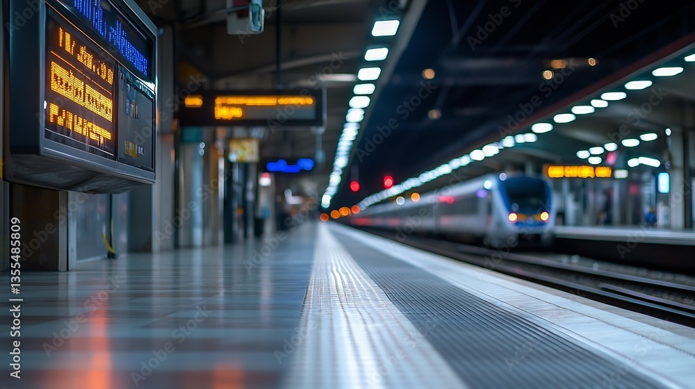 Poster Nighttime view of a busy train station platform illuminated with bright lights and digital displays : Generative AI