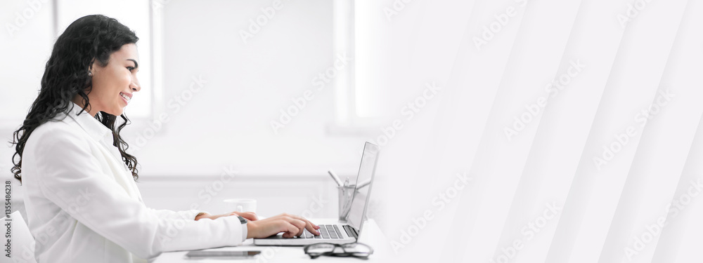 Poster home office. side view of happy hispanic manager using laptop, working remotely. copy space