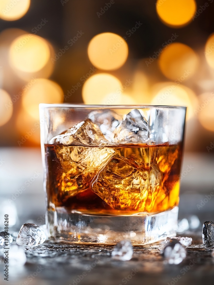 Aufkleber Refreshing Glass of Whiskey with Ice Cubes on a Table Surrounded by Shiny Bokeh Lights : Generative AI