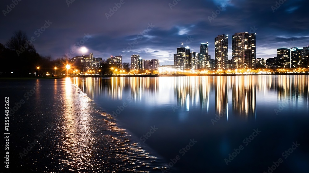 Poster serene nighttime view of a city skyline reflected in calm waters creating a tranquil atmosphere : ge