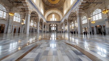 Fototapeta premium Stunning Interior of a Grand Mosque Featuring Intricate Architecture and Reflective Marble Flooring : Generative AI