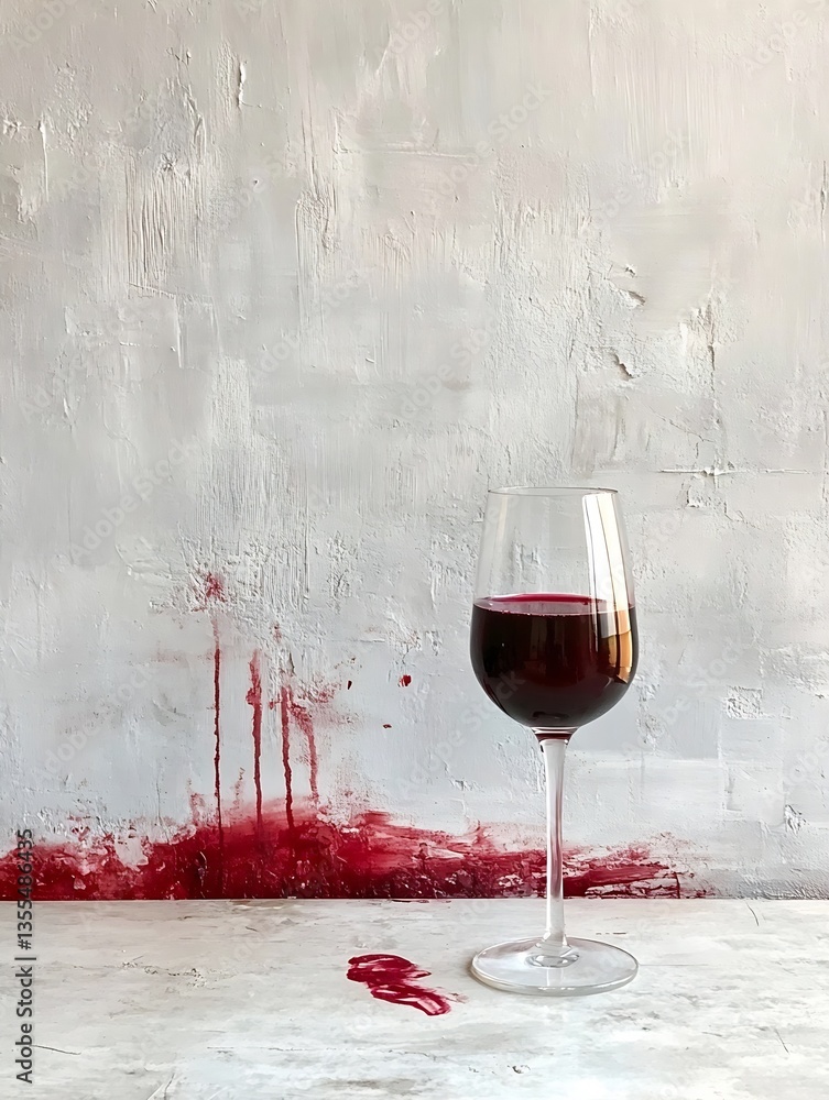 Poster elegant wine glass filled with deep red wine against a backdrop of spilled wine and textured wall : 