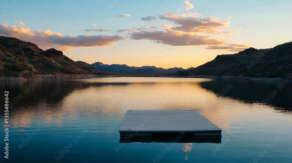Poster Stunning sunset over a serene lake view featuring a floating dock and reflected clouds in the water : Generative AI