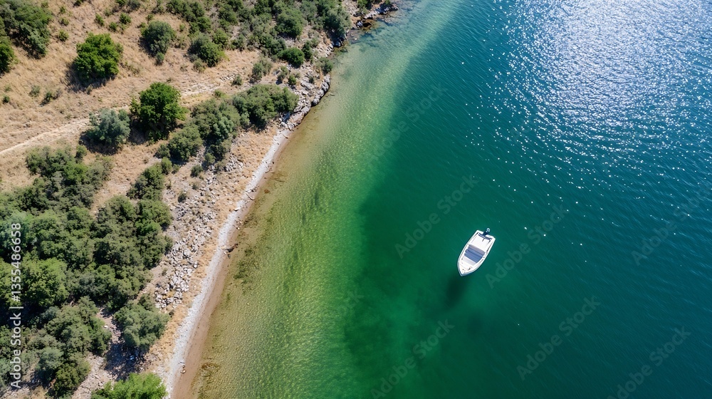 Aufkleber Aerial view of a serene lake with a small boat gently floating on the water surrounded by lush greenery : Generative AI