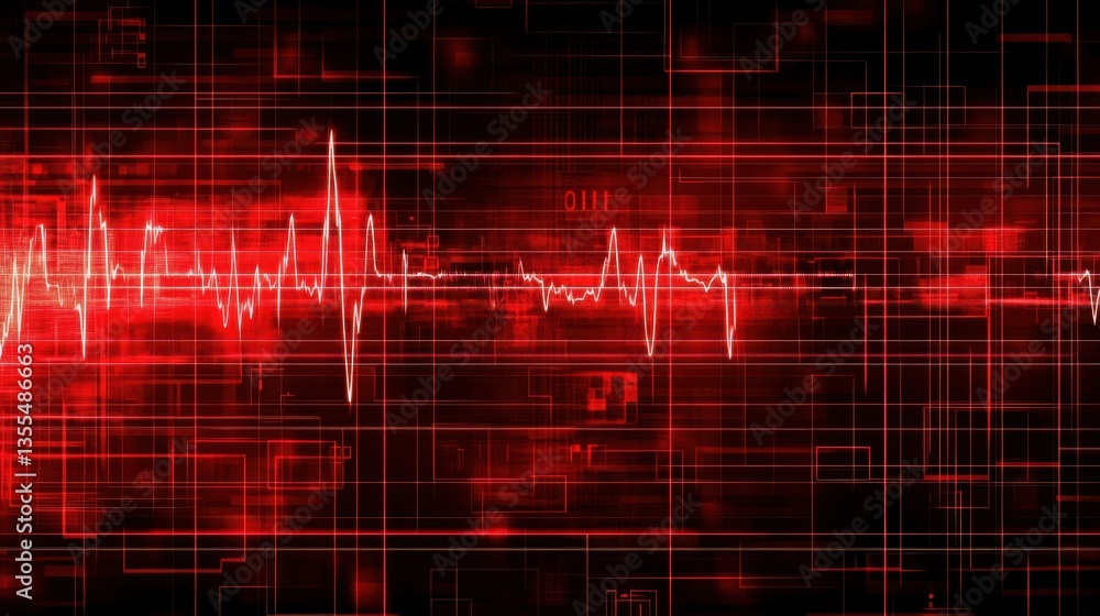 Poster digital heartbeat red tech data stream.