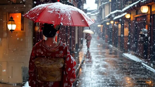 Japanese geisha woman walking street in snow
