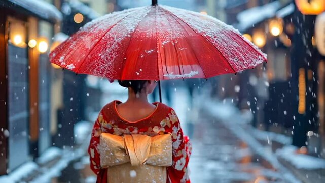 Japanese geisha woman walking street in snow