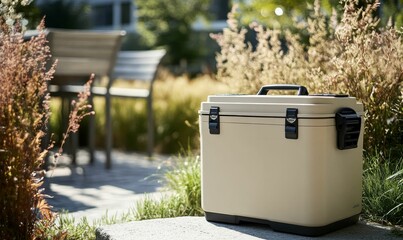 Beige cooler sits outdoors, sunny day