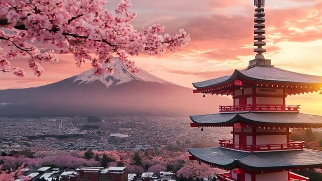 Cherry blossom in spring with pagoda and mountain