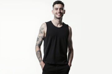 Half-Length (Waist-Up) portrait of young stylish smiling Lithuanian male model in punk wear isolated on pure white background looking at camera