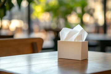 a tissue box on a bare wooden table with a blurred outdoor view in a cafe