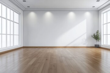 Fototapeta premium A vacant room with wooden floors and white walls is illuminated by recessed lighting