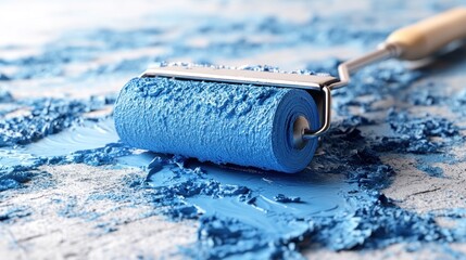 Blue paint roller applying color on textured surface (1)