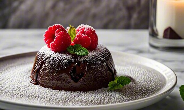 A glossy chocolate lava cake, the rich molten center spilling out as its cut, with powdered sugar dusting the plate. A single raspberry and mint leaf sit beside it for a pop of color