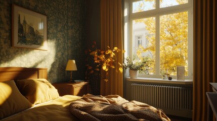 Sunlit Bedroom with Cozy Bed and Autumn View Through Window