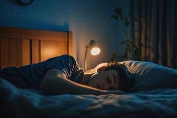 Alarm clock beside dozing young man Sleep time