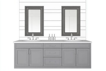 An upscale updated bathroom featuring a grey vanity wooden framed mirrors shiplap walls