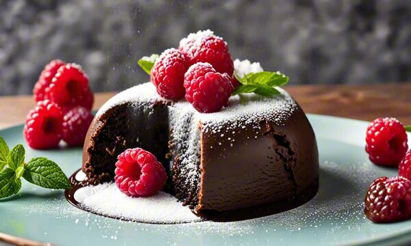 A glossy chocolate lava cake, the rich molten center spilling out as its cut, with powdered sugar dusting the plate. A single raspberry and mint leaf sit beside it for a pop of color