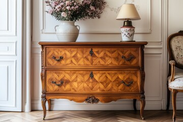 Antique dresser on parquet flooring in the living room Retro home decor