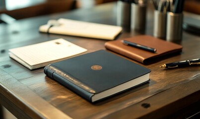 Elegant journals pens rest on wooden table