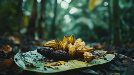 Harvest scene with cocoa beans and ripe pods on banana leaves, tropical forest backdrop, selective focus on the rich texture of the beans