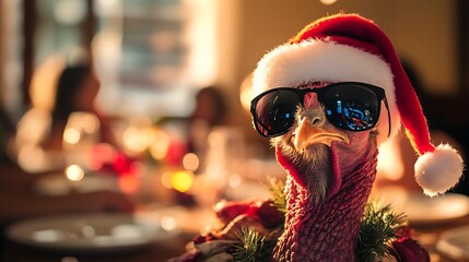 A turkey wearing sunglasses and a Santa hat at dinner
