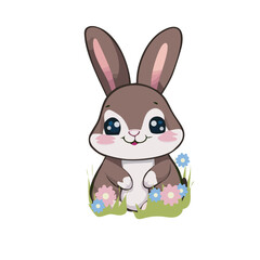 Adorable cartoon bunny sitting in the grass among delicate flowers. This charming illustration is perfect for children's designs, nursery decor, greeting cards, stickers, and baby products.