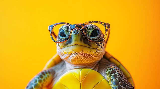 Smart sea turtle wearing glasses against yellow background.