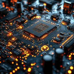 Obraz premium Close-up of illuminated circuit board, showcasing intricate design and glowing components