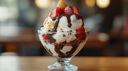 Delicious sundae dessert with fruit and chocolate sauce topping in glass