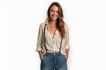 Fototapeta premium Half-Length (Waist-Up) portrait of young stylish smiling Luxembourgish female model in bohemian wear isolated on pure white background looking at camera