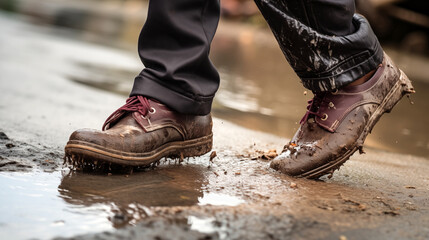 Close-up of muddy shoes stepping through a puddle outdoors  