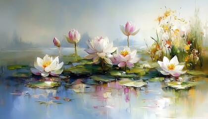 Beautiful painted water lilies floating peacefully in the water landscape