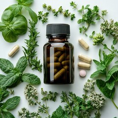 Herbal supplement bottles home nature flat lay aesthetic probiotics