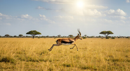 Naklejka premium Gazelle Running Fast Through Golden Grassland on a Sunny Day