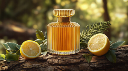 Elegant glass perfume bottle surrounded by fresh lemons and greenery in a serene natural setting