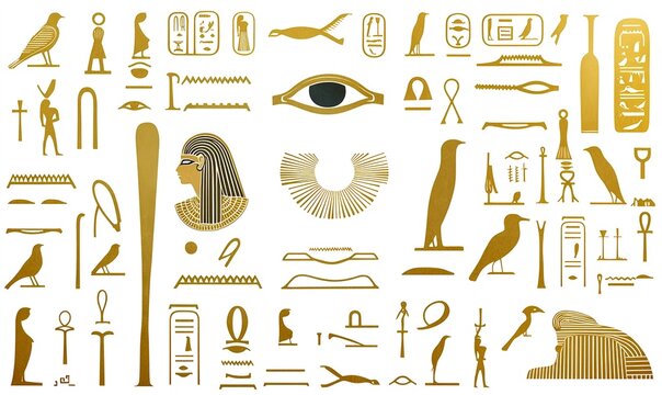 Illustration of Egyptian hieroglyphics with symbols such as the Eye of Horus, the Ankh, and more