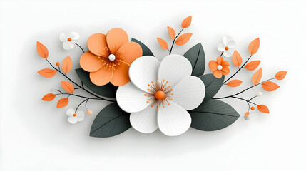 Paper Flower Arrangement: White and Orange Blossoms with Grey Leaves on White Background
