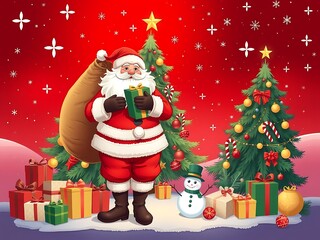 Santa Claus with Christmas Tree and Gifts, Merry Christmas Scene with Santa, Snowman, and Gift Boxes in Winter Wonderland, Santa Claus with Christmas Gifts and Decorated Tree &ndash; Festive Holiday Art