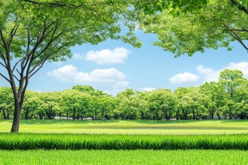 Obraz premium Serene Green Landscape with Trees and Grass Under a Blue Sky with Clouds